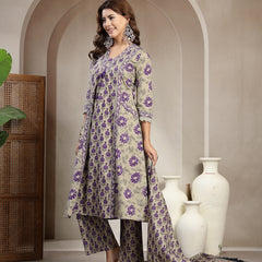 Kimayra Cotton Calf Length Printed 3/4 Sleeve V-Neck A-Line Kurta Suit Set