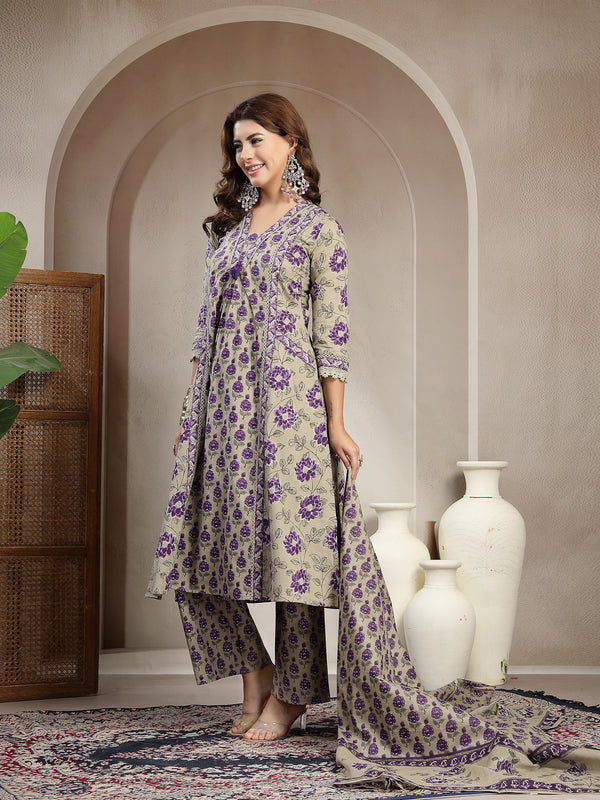 Kimayra Cotton Calf Length Printed 3/4 Sleeve V-Neck A-Line Kurta Suit Set