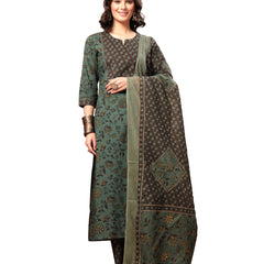 Kimayra Cotton Calf Length Printed 3/4 Sleeve Round Neck Straight Kurta Suit Set