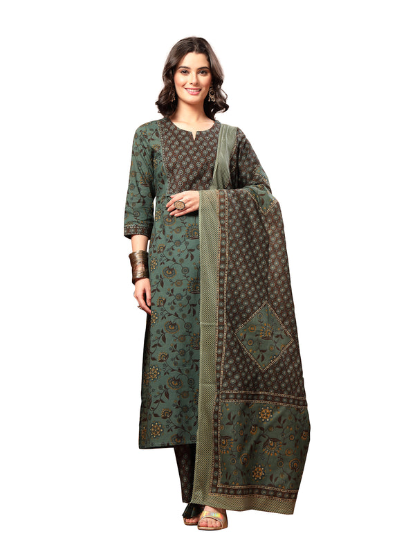Kimayra Cotton Calf Length Printed 3/4 Sleeve Round Neck Straight Kurta Suit Set
