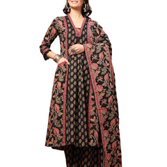 Kimayra Cotton Calf Length Printed 3/4 Sleeve V-Neck Flared Kurta Suit Set