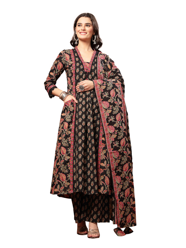 Kimayra Cotton Calf Length Printed 3/4 Sleeve V-Neck Flared Kurta Suit Set
