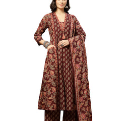 Kimayra Cotton Calf Length Printed 3/4 Sleeve V-Neck Flared Kurta Suit Set
