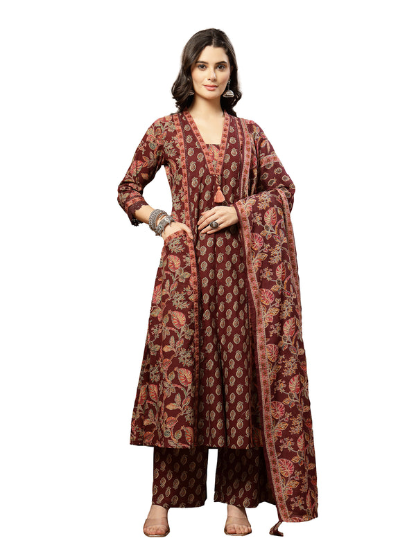 Kimayra Cotton Calf Length Printed 3/4 Sleeve V-Neck Flared Kurta Suit Set
