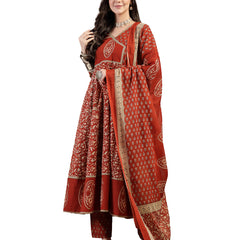 Kimayra Cotton Calf Length Printed 3/4 Sleeve V Neck Flared Kurta Suit Set