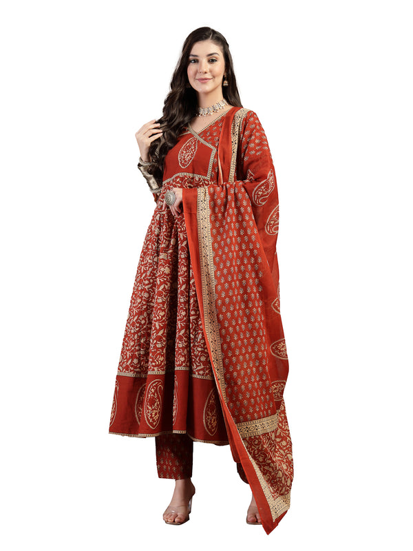 Kimayra Cotton Calf Length Printed 3/4 Sleeve V Neck Flared Kurta Suit Set