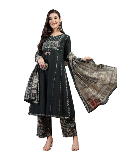 Kimayra Cotton Calf Length Solid 3/4 Sleeve Round Neck Straight Kurta Suit Set
