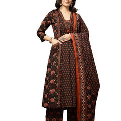 Kimayra Cotton Calf Length Printed 3/4 Sleeve V-Neck Flared Kurta Suit Set