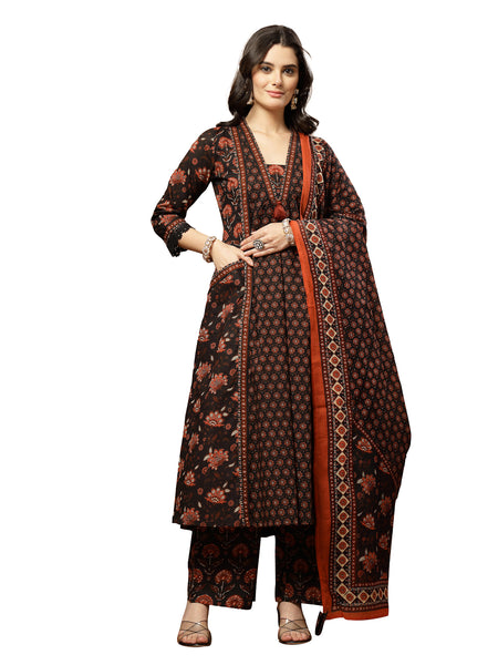 Kimayra Cotton Calf Length Printed 3/4 Sleeve V-Neck Flared Kurta Suit Set