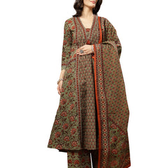 Kimayra Cotton Calf Length Printed 3/4 Sleeve V-Neck Flared Kurta Suit Set