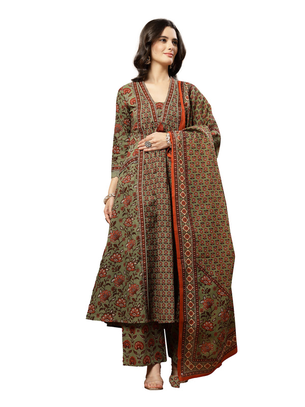 Kimayra Cotton Calf Length Printed 3/4 Sleeve V-Neck Flared Kurta Suit Set