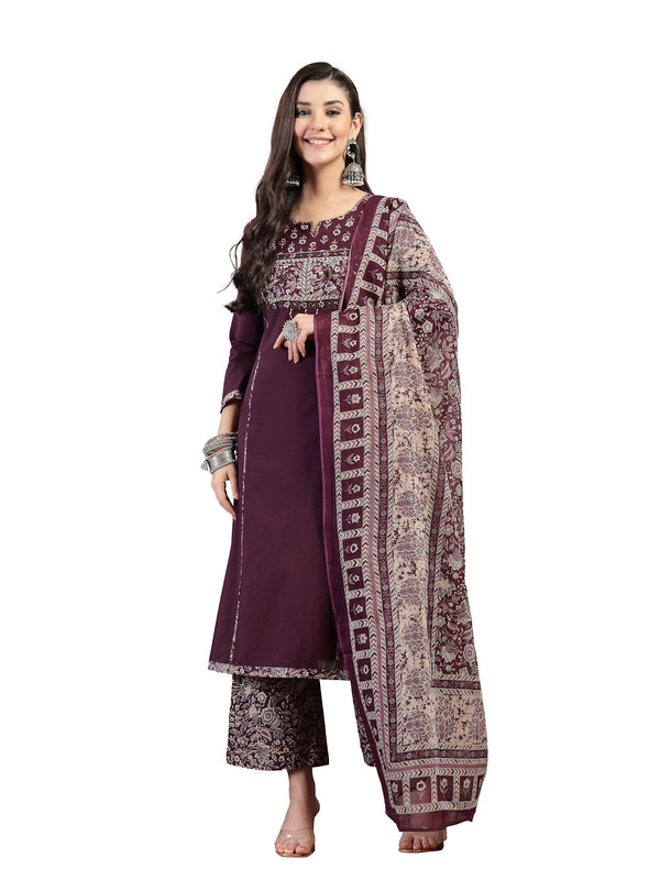 Kimayra Cotton Calf Length Solid 3/4 Sleeve Round Neck Straight Kurta Suit Set
