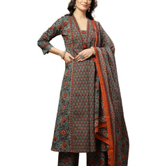 Kimayra Cotton Calf Length Printed 3/4 Sleeve V-Neck Flared Kurta Suit Set