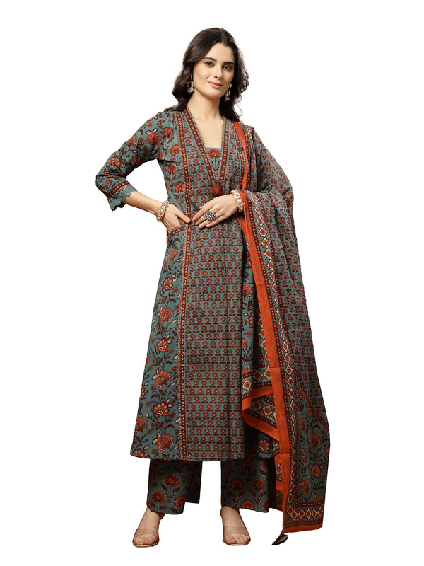 Kimayra Cotton Calf Length Printed 3/4 Sleeve V-Neck Flared Kurta Suit Set