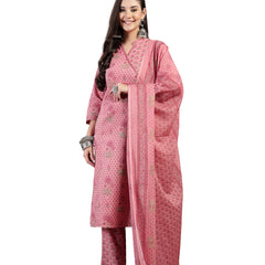 Kimayra Cotton Calf Length Printed 3/4 Sleeve Mandarin Collar Straight Kurta Suit Set