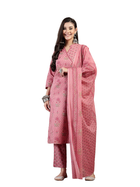 Kimayra Cotton Calf Length Printed 3/4 Sleeve Mandarin Collar Straight Kurta Suit Set