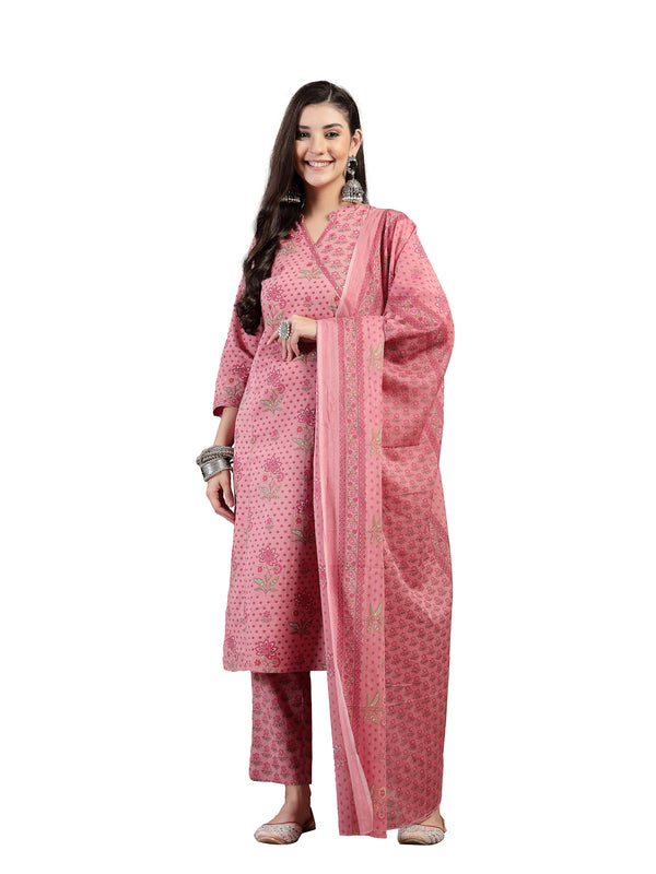 Kimayra Cotton Calf Length Printed 3/4 Sleeve Mandarin Collar Straight Kurta Suit Set