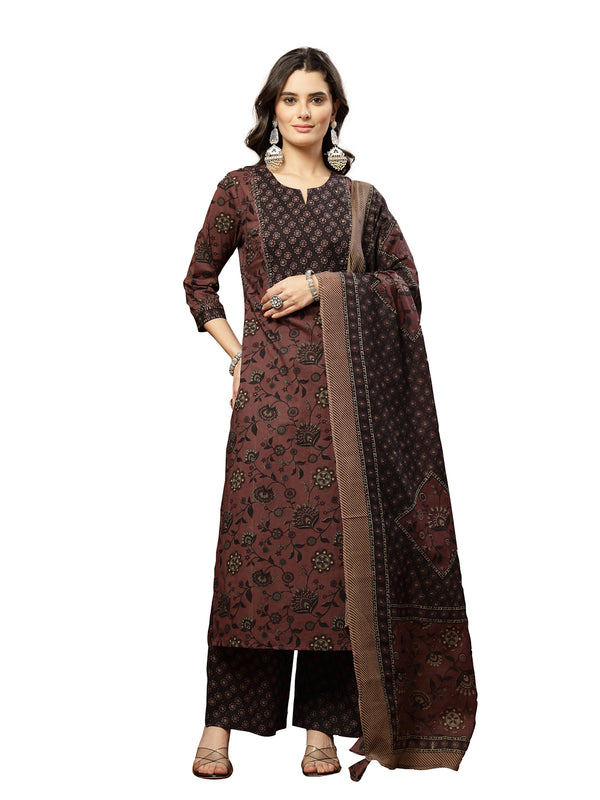 Kimayra Cotton Calf Length Printed 3/4 Sleeve Round Neck Straight Kurta Suit Set