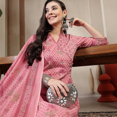 Kimayra Cotton Calf Length Printed 3/4 Sleeve Mandarin Collar Straight Kurta Suit Set
