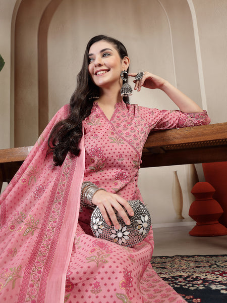 Kimayra Cotton Calf Length Printed 3/4 Sleeve Mandarin Collar Straight Kurta Suit Set