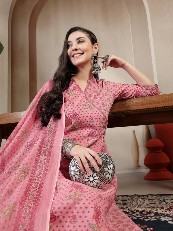 Kimayra Cotton Calf Length Printed 3/4 Sleeve Mandarin Collar Straight Kurta Suit Set