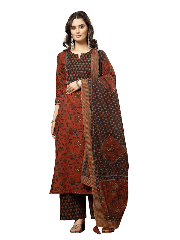 Kimayra Cotton Calf Length Printed 3/4 Sleeve Round Neck Straight Kurta Suit Set