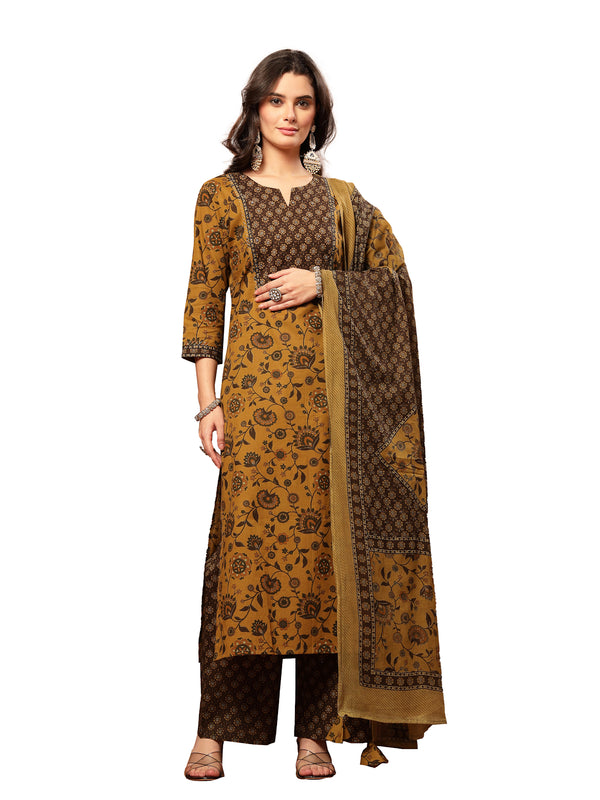 Kimayra Cotton Calf Length Printed 3/4 Sleeve Round Neck Straight Kurta Suit Set