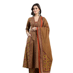 Kimayra Cotton Calf Length Printed 3/4 Sleeve V-Neck Flared Kurta Suit Set
