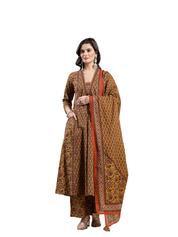 Kimayra Cotton Calf Length Printed 3/4 Sleeve V-Neck Flared Kurta Suit Set