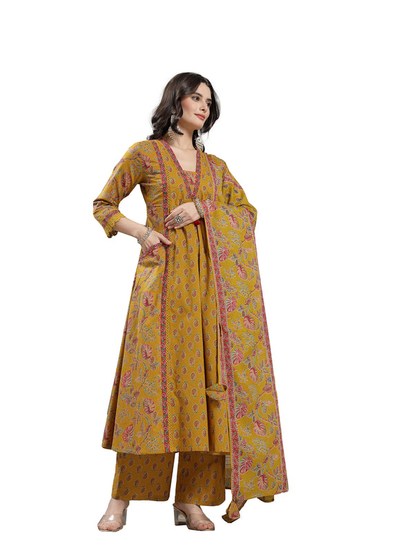 Kimayra Cotton Calf Length Printed 3/4 Sleeve V-Neck Flared Kurta Suit Set
