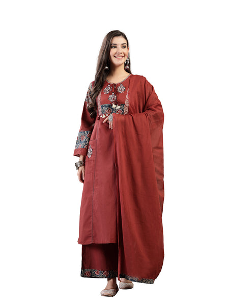 Kimayra Rayon Calf Length Solid 3/4 Sleeve Round Neck Straight Kurta Suit Set