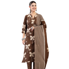 Kimayra Cotton Calf Length Printed 3/4 Sleeve Mandarin Collar Straight Kurta Suit Set