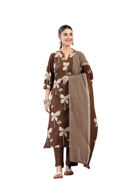Kimayra Cotton Calf Length Printed 3/4 Sleeve Mandarin Collar Straight Kurta Suit Set