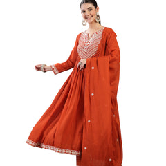 Kimayra Cotton Calf Length Solid 3/4 Sleeve Round Neck Flared Kurta Suit Set