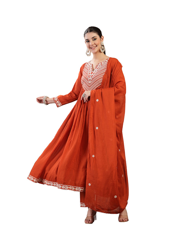 Kimayra Cotton Calf Length Solid 3/4 Sleeve Round Neck Flared Kurta Suit Set