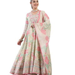 Kimayra Cotton Calf Length Printed 3/4 Sleeve V Neck Flared Kurta Suit Set