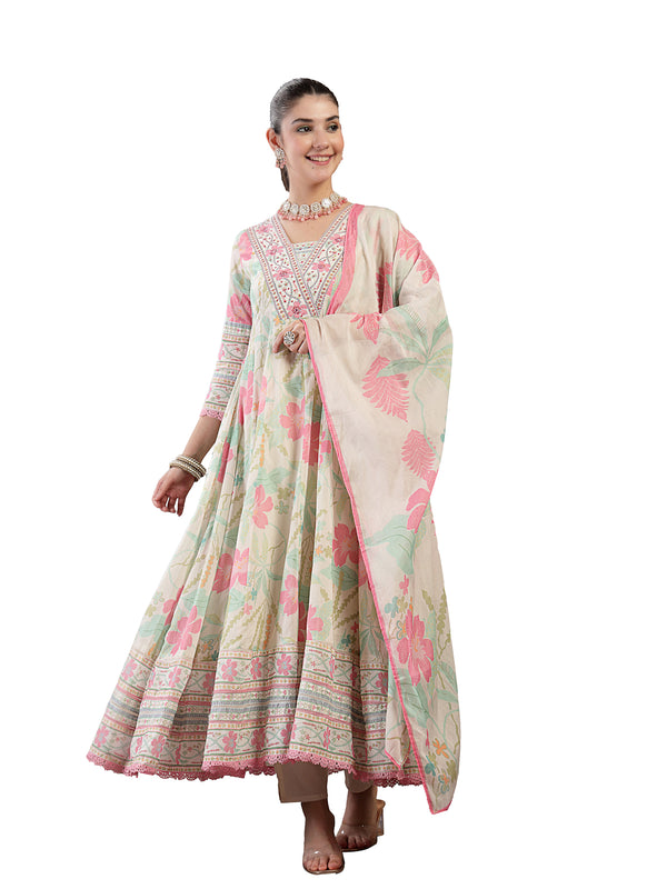 Kimayra Cotton Calf Length Printed 3/4 Sleeve V Neck Flared Kurta Suit Set