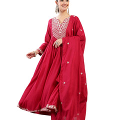 Kimayra Cotton Calf Length Solid 3/4 Sleeve Round Neck Flared Kurta Suit Set