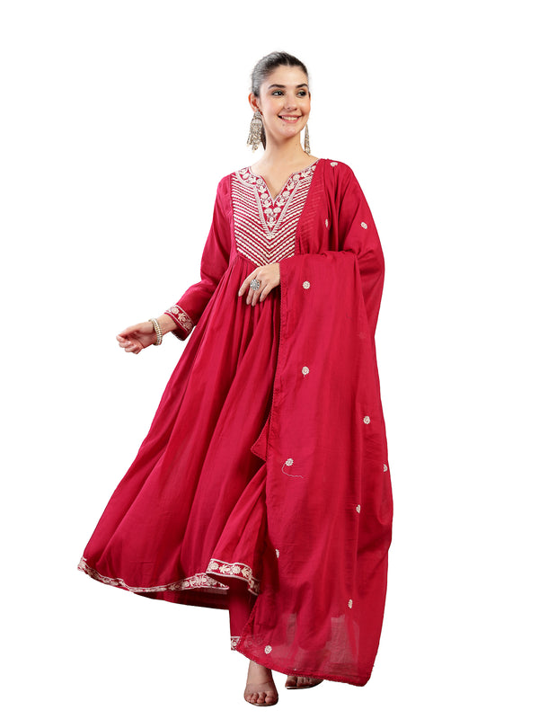 Kimayra Cotton Calf Length Solid 3/4 Sleeve Round Neck Flared Kurta Suit Set
