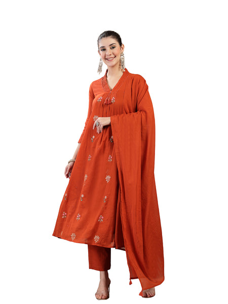 Kimayra Cotton Calf Length Printed 3/4 Sleeve V Neck Straight Kurta Suit Set