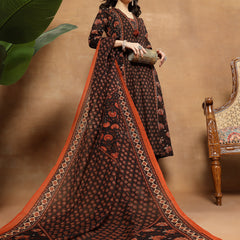 Kimayra Cotton Calf Length Printed 3/4 Sleeve V-Neck Flared Kurta Suit Set