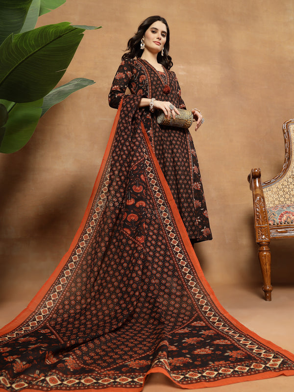 Kimayra Cotton Calf Length Printed 3/4 Sleeve V-Neck Flared Kurta Suit Set