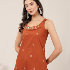Kimayra Cotton Calf Length Solid Sleeveless Round Neck Straight Kurta Suit Set