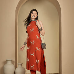 Kimayra Rayon Calf Length Printed Sleeveless Round Neck A-Line Kurta Suit Set