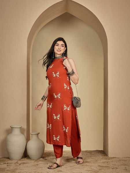 Kimayra Rayon Calf Length Printed Sleeveless Round Neck A-Line Kurta Suit Set