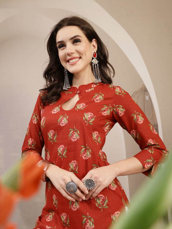 Kimayra Rayon Calf Length Printed 3/4 Sleeve Key Hole Neck Straight Kurta