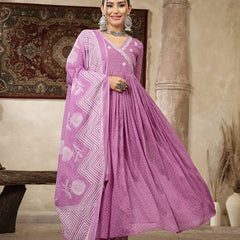 Kimayra Cotton Calf Length Printed 3/4 Sleeve V-Neck Flared Kurta Suit Set