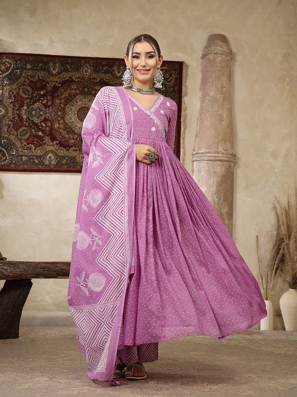 Kimayra Cotton Calf Length Printed 3/4 Sleeve V-Neck Flared Kurta Suit Set