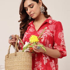 Kimayra Cotton Knee Length Printed 3/4 Sleeve Shirt Collar Flared Dress