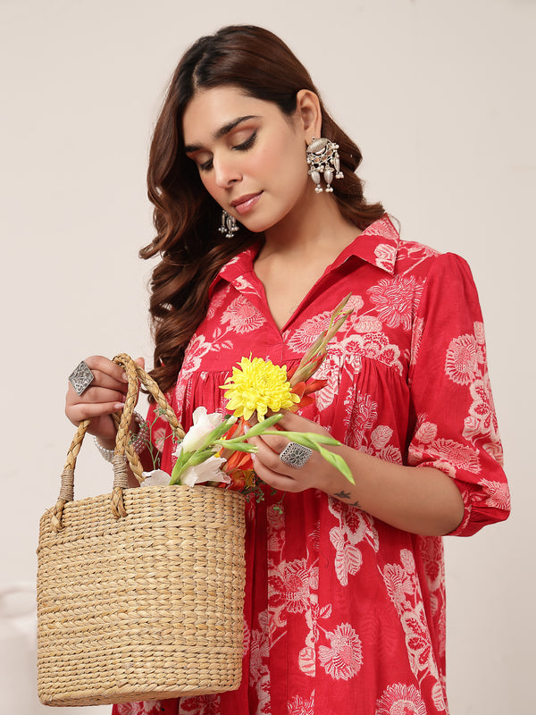 Kimayra Cotton Knee Length Printed 3/4 Sleeve Shirt Collar Flared Dress